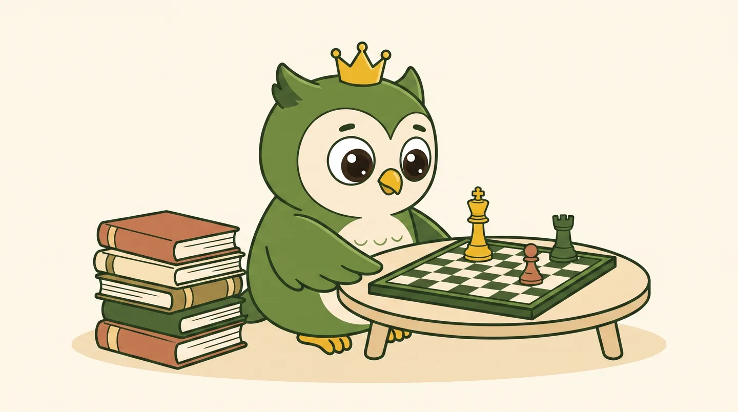 The ChessEndings owl at a table, a stack of closed books pushed aside, studying a king, rook and pawn ending on the board in front of it
