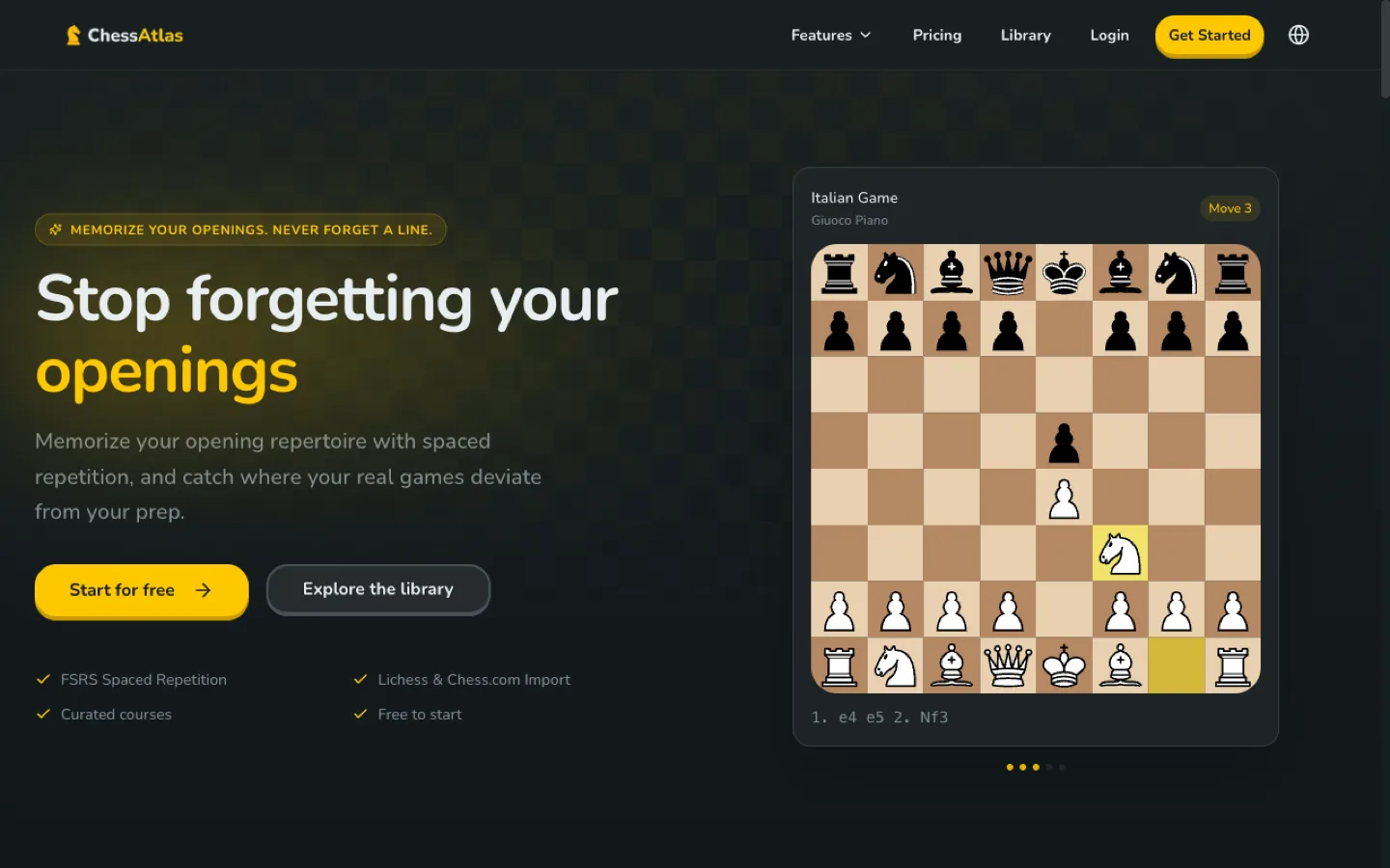 ChessAtlas opening trainer drilling an Italian Game line, with the next move highlighted for spaced-repetition review