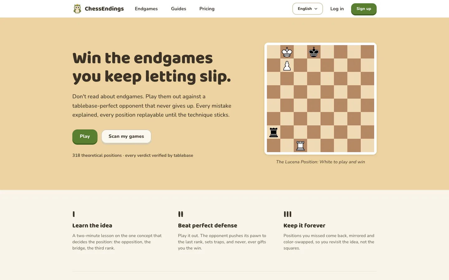 ChessEndings showing the Lucena position on a board, ready to play out against a tablebase-perfect opponent