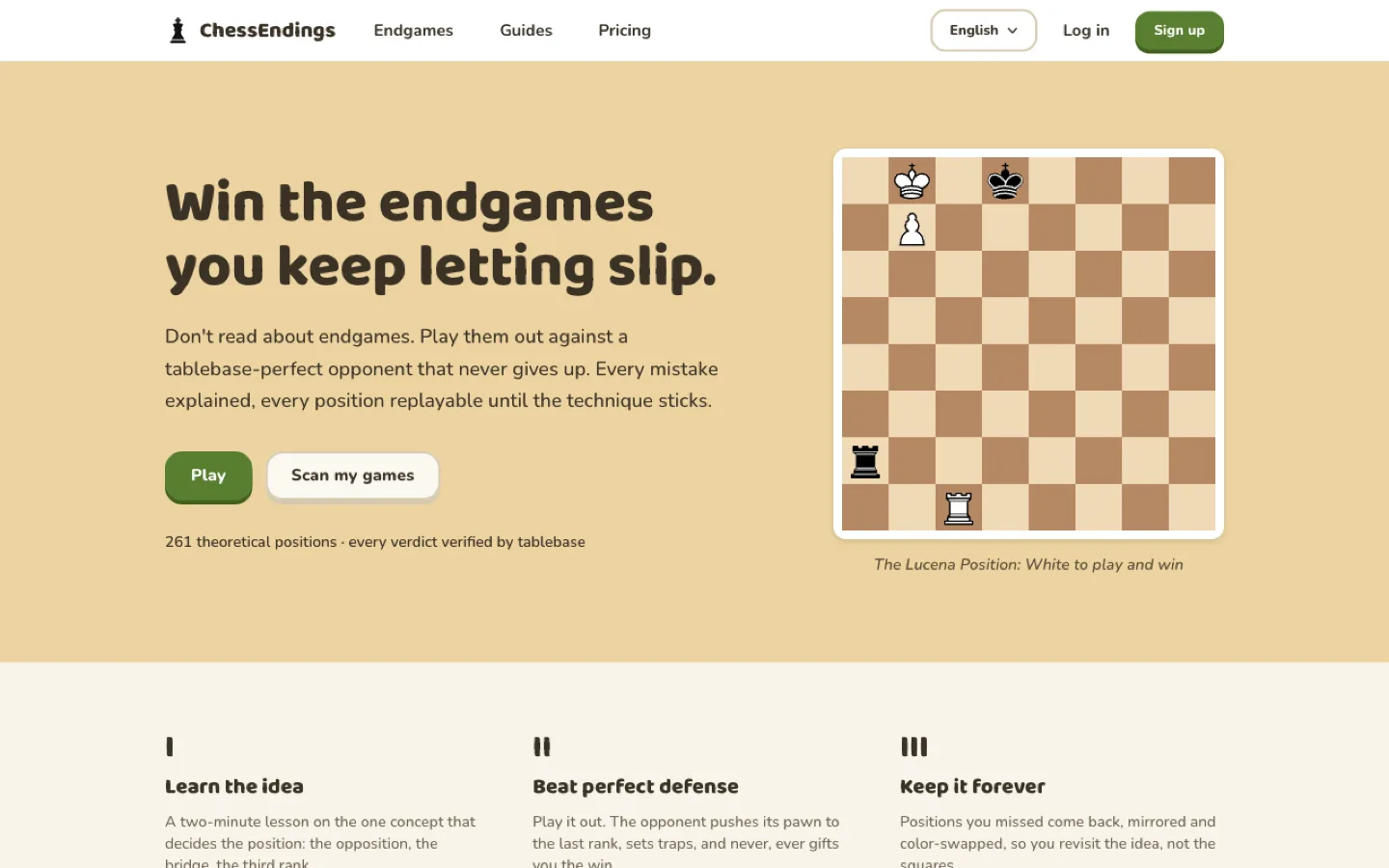 ChessEndings showing the Lucena position on a board, ready to play out against a tablebase-perfect opponent