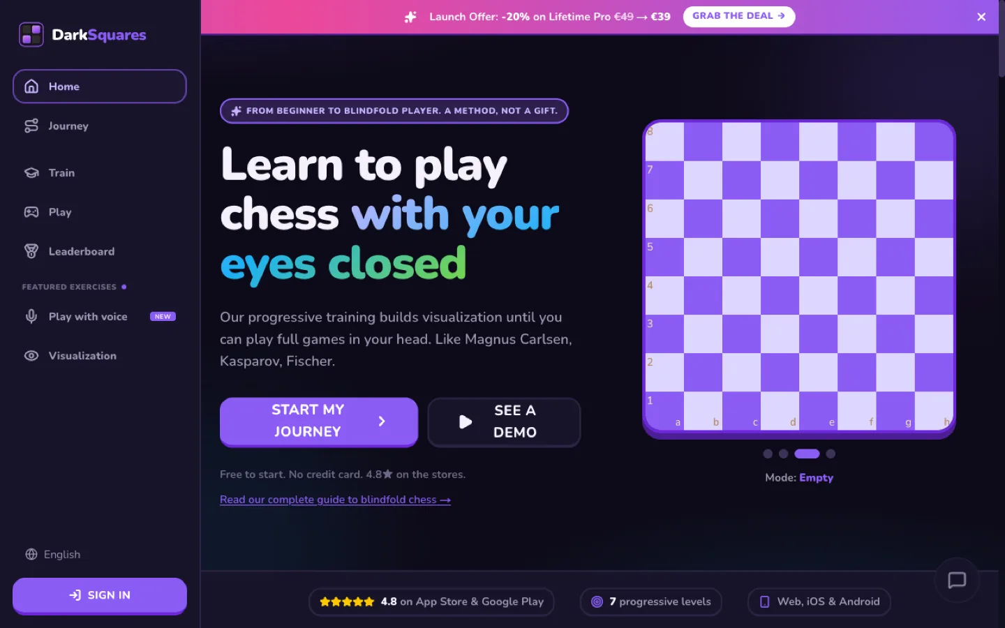 DarkSquares visualization trainer with the board in blindfold mode, pieces hidden